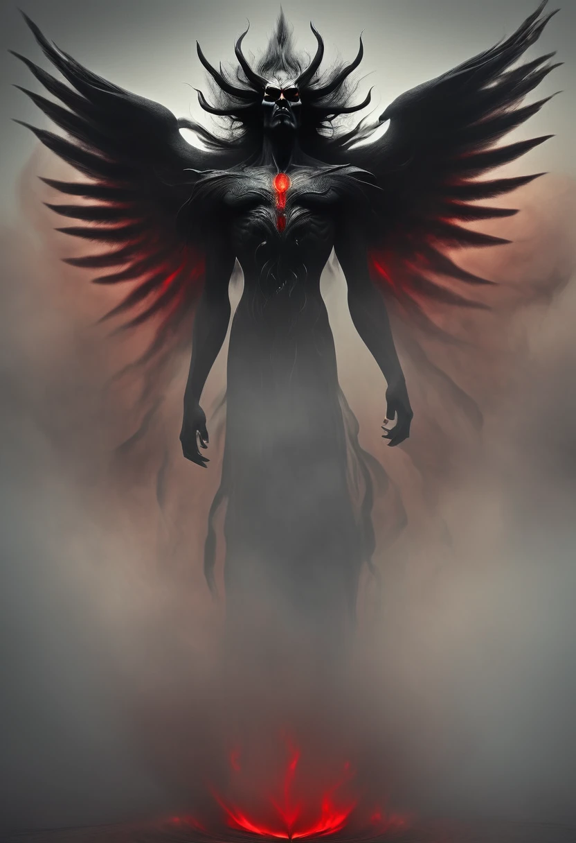 abstract and surreal depiction of a pride demon is made from smoke and haze, the demon has large, eagle-like wings, its eyes sparkle with arrogance, The demon’s limbs are long and slender, exuding confidence and authority, (low saturation), (faded color) palette is monochrome color, a little gold and vibrant red, with intricate, soft yet sharp lines to, featuring dark, ominous tones ,mystical atmosphere, solid gray background, (minimilism), dim,
