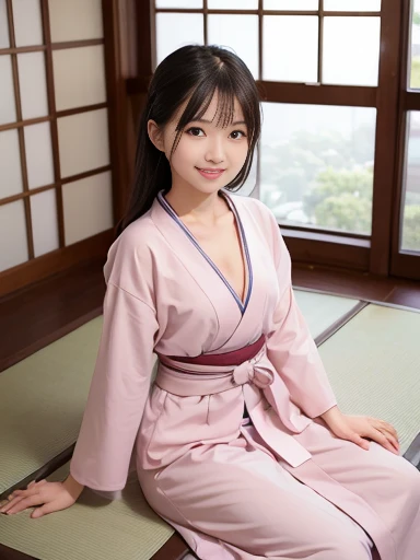 Japanese female, a lot of details, (underweight), 30 years old, detailed black hair, beautiful detailed hair, super fucking beautiful, delicate beautiful face, complex details beautiful and delicate eyes, perfect hands, (flat chest best quality:1.5), perfect and delicate limbs, detailed skin, best quality, ultra-detailed,(cheerful grin:1.5),
cafe, blissful, sitting, (pink japanese kimono), japanese, with a window, cowboy shot, from below