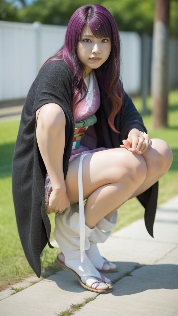 Cute Japanese woman, (), (Very cute face: 1.3), White moist skin, Looking at the camera, Melancholy expression,
BREAK,
Idol,
BREAK,
(Wearing cute kimono: 1.3), (Highly revealing kimono), Very large earrings, Short length,
BREAK,
(Fighting pose: 1.3),
BREAK,
(Long hair), (Pink hair: 1.2), (Wavy hair), (Gradient hair: 1.3), (Red hair at the ends),
BREAK,
(Realistic: 1.3), Masterpiece, Perfect lighting, (Ultra-high resolution), (8K), (Very detailed: 1.4), (From the front), (Full body: 1.4), (Symmetrical: 1.2),
BREAK,
(Shibuya city in Japan: 1.2),
BREAK,
(Demon Slayer: 1.4),
BREAK,
(Kasumi Arimura: 1.4),