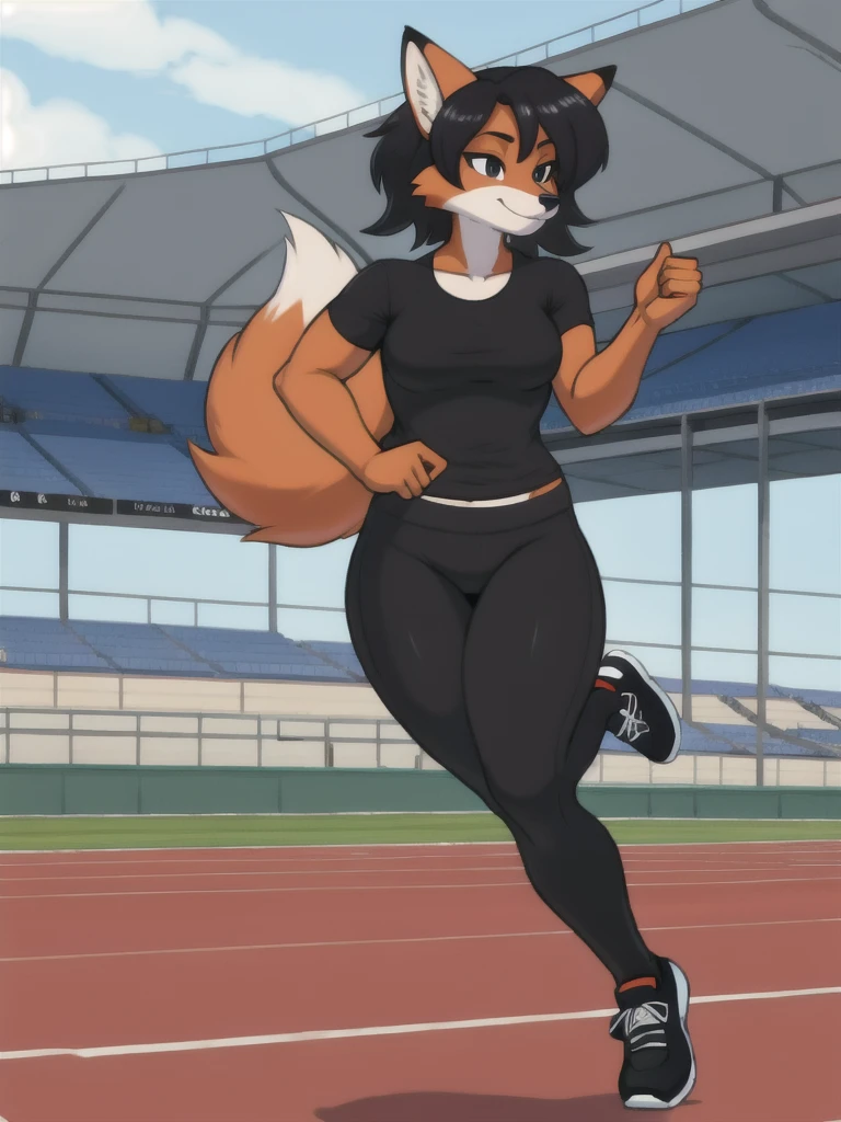 Furry, fox, female, black shirt, black leggings, shoes, running track, solo, full body