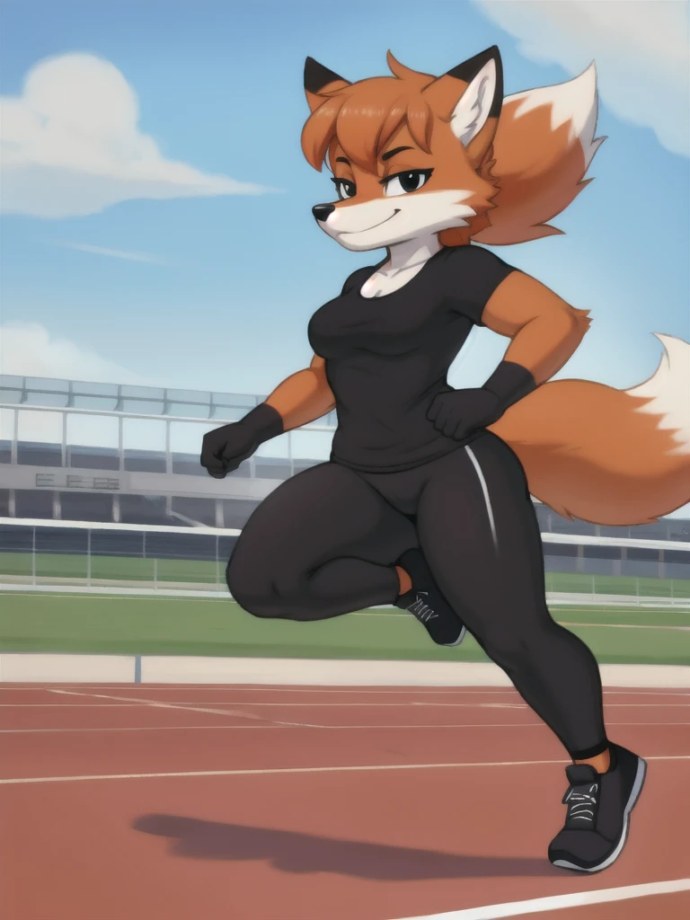 Furry, fox, female, black shirt, black leggings, shoes, running track, solo, full body