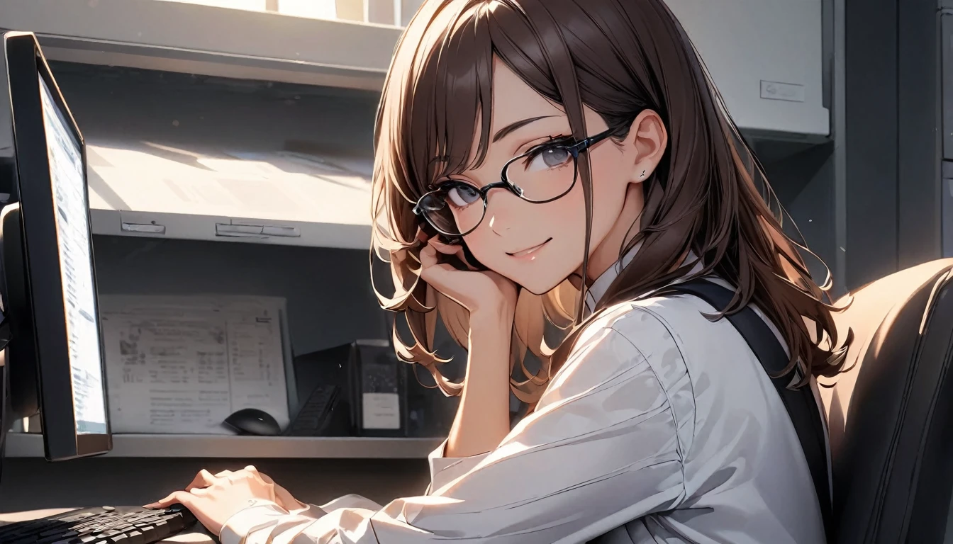 パソコンで仕事をするProfessionalグラマー,Portraiture,Professional,Wearing a smart suit,Stylish glasses,Typing on a sophisticated computer,Use a wireless mouse,Sitting at a modern desk,A soft smile,Soft natural light,High resolution,High resolution,Very detailed.One Woman ,alone, Dark brown hair