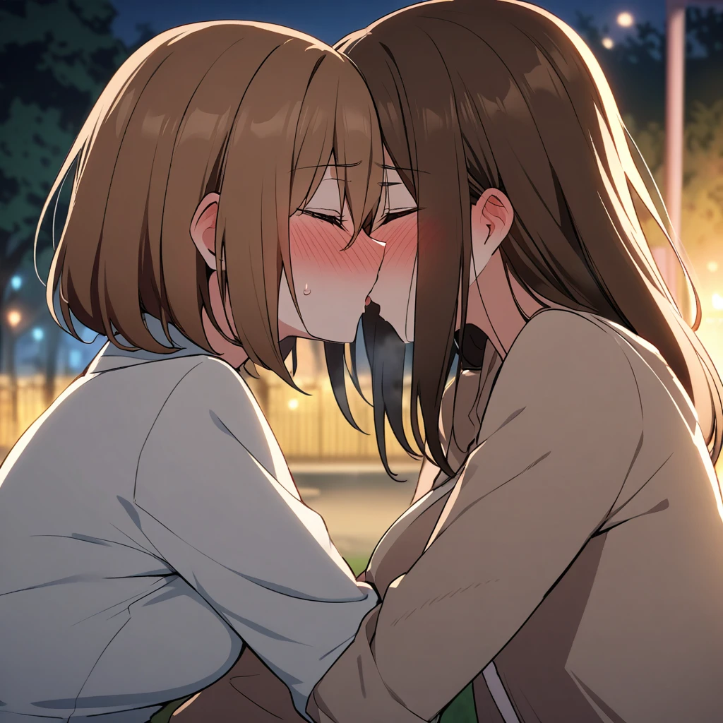 A lesbian couple is making out with each other in a park at night, facing each other with their eyes closed、Woman has long brown hair, intense blushing, flustered, embrassed.