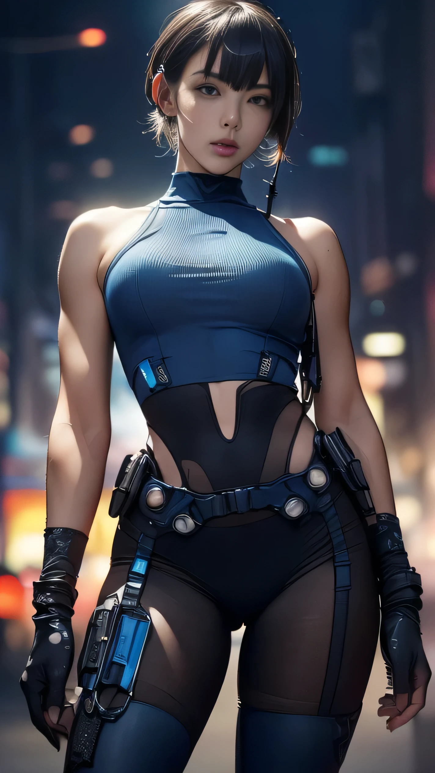 (A woman),(((A female member of the Future Force stands))),((Shiny dark blue tactical tights:1.5)),((earphone:1.5)),((Tactical Holster:1.5)),(Gloves:1.5),(Serious:1.5),(Super short hair:1.5),(beautiful eyes:1.3),(Very detailedな顔:1.5),((Very detailed drawing of a female hand:1.5)),(((muscular:1.5))),((Sexy appearance:1.5)),((Thick thighs:1.5)),(Beautiful Body:1.5),((Very sensual:1.5)),(The backdrop is a futuristic city:1.5),(Cyberpunk atmosphere:1.5),(((Blurred Background:1.5))),(Written border depth:1.5),rest(((masterpiece:1.5),(best quality:1.5),(Very detailed:1.5),(high resolution:1.5),(Practical:1.5),(Practical:1.5),(Delicate depiction),(Carefully drawn))),8k,wallpaper
