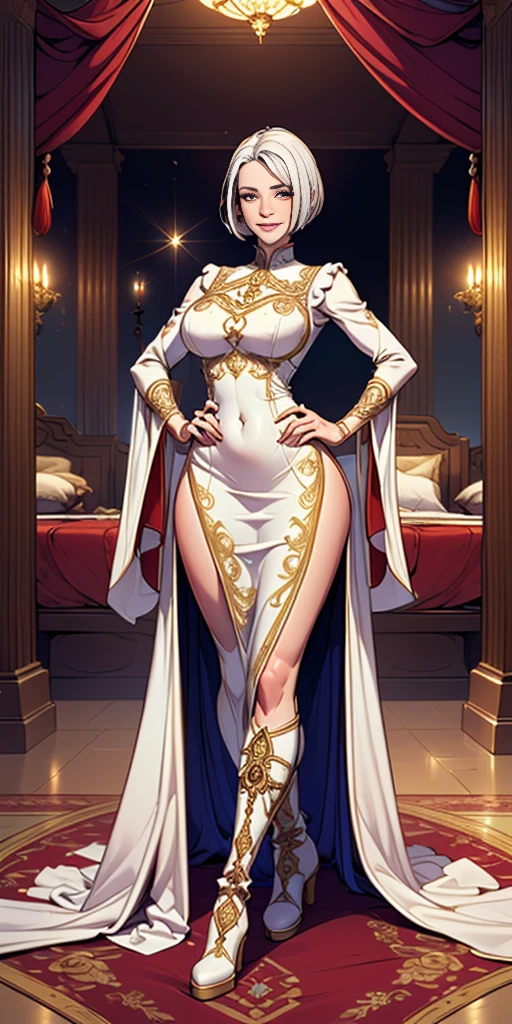 female, blonde long hair in ponytail, blue eyes, (((1girl))), (((white sleeveless regal dress with gold trim))), (black fingerless opera gloves), (black stockings), (white heels), (gold jewelry), (glasses), cute and sexy, full body, modest breasts, long legs, smiling