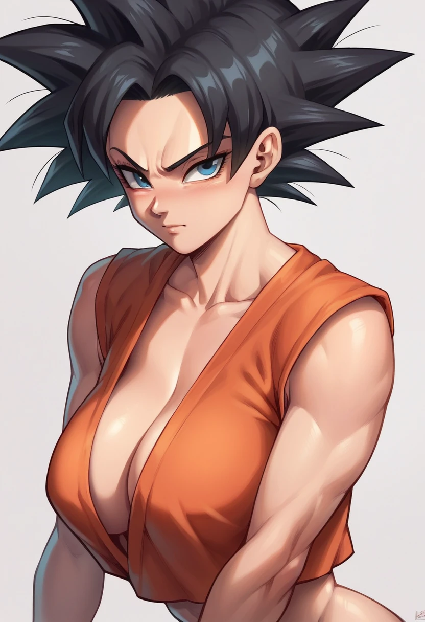 Goku, Girl, sexy, mujer Goku, dragon ball z character, sexy, detailed body, Orange training dogi and very voluptuous body black hair