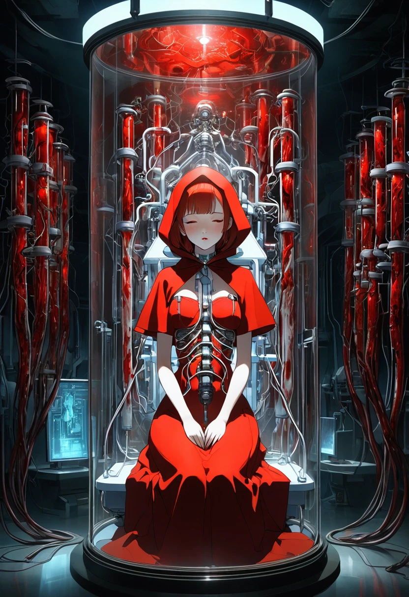 Intricate illustration in imaginative and cybertic  art style，A girl android wearing a red riding hood is placed in a glass coffin in a science laboratory.The girl has a beautiful red riding hood on her head,The girl's face is inorganic and doll-like,The girl has her eyes completely closed.A body made entirely of machinery from the neck downThe whole body looks like a human specimen with various mechanisms and blood vessel-like tubes visible.The body color scheme is based on red and white,Scientific and artistic body structure,Transparent glass coffin Inside,The coffin is laid out on the floor, (several blood vessel-like tubes are connected to the girl's entire body:1.2).(The cable is designed to look like a work of art).The tubes are red and white,The coffin in the laboratory is the type that can be pulled out from the wall,The girl is laid to rest,Inside the glass coffin, (the smoke from the Coolant accumulates at the bottom) .The coffin emits a beautiful light with clear red light.The texture and beauty of Little Red Riding Hood, the beauty and luster of the girl's red hair, the beauty of her skin,Medical and scientific depictions of the body mechanics,The texture and shine of the mechanism,The transparency and beauty of glass coffins,Background of a laboratory in an underground area dimly lit with clear blue light, Data on the girl's body is displayed on numerous monitors,(Side view),Ultra HD, Ultra High Quality Image, (Masterpiece, Best Quality, 4k, 8k:1.5). Ultra Detail,Ultra-fine painting,Physically Based Rendering, Science、Professional shooting resolution,3dCG concept art