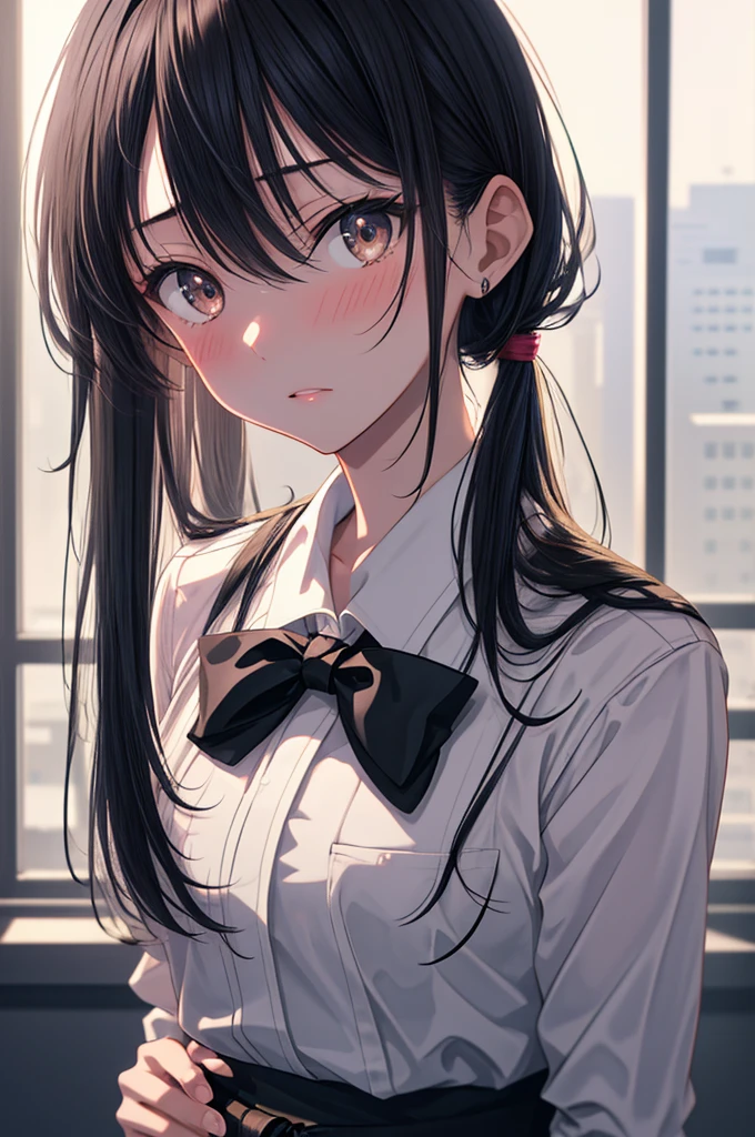 ((masterpiece)), (best quality), (ultra-detailed), 1girl, solo, Japanese high school girl, , slender build, 160cm tall, long straight black hair to the waist, black almond-shaped eyes with a slight upward tilt, serious expression, detail lip, standing in the classroom, sunlight streaming through windows, holding textbooks and clipboard, confident posture, a slight blush on cheeks, determined gaze, hint of vulnerability in eyes, meticulous appearance, neatly styled hair, crisp and clean uniform, intricate details on a uniform, realistic fabric textures, soft lighting, depth of field, high contrast, cinematic composition, Rule of thirds composition, Noise-free clean image, High detail, 8K resolution, official art, Splash anime art, Smooth anime CG art, pixiv, Sequential art,