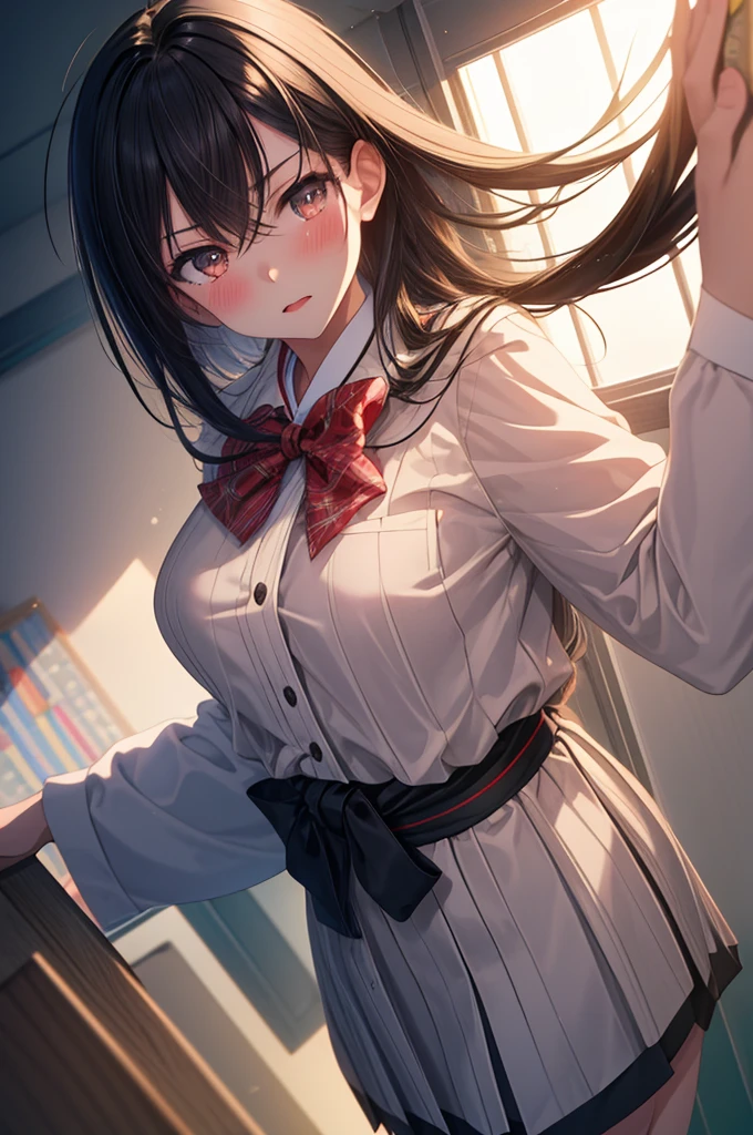 ((masterpiece)), (best quality), (ultra-detailed), 1girl, solo, Japanese high school girl, , slender build, 160cm tall, long straight black hair to the waist, black almond-shaped eyes with a slight upward tilt, serious expression, detail lip, standing in the classroom, sunlight streaming through windows, holding textbooks and clipboard, confident posture, a slight blush on cheeks, determined gaze, hint of vulnerability in eyes, meticulous appearance, neatly styled hair, crisp and clean uniform, intricate details on a uniform, realistic fabric textures, soft lighting, depth of field, high contrast, cinematic composition, Rule of thirds composition, Noise-free clean image, High detail, 8K resolution, official art, Splash anime art, Smooth anime CG art, pixiv, Sequential art,
