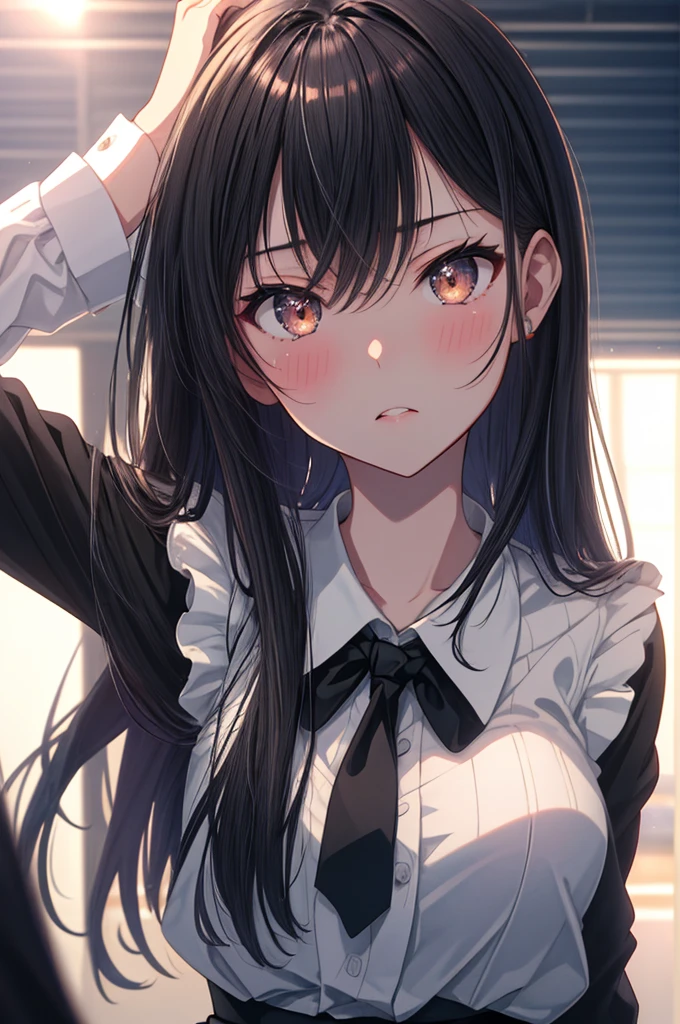 ((masterpiece)), (best quality), (ultra-detailed), 1girl, solo, Japanese high school girl, 17 years old, slender build, 160cm tall, long straight black hair to the waist, black almond-shaped eyes with a slight upward tilt, serious expression, detail lip, standing in the classroom, sunlight streaming through windows, holding textbooks and clipboard, confident posture, a slight blush on cheeks, determined gaze, hint of vulnerability in eyes, meticulous appearance, neatly styled hair, crisp and clean uniform, intricate details on a uniform, realistic fabric textures, soft lighting, depth of field, high contrast, cinematic composition, Rule of thirds composition, Noise-free clean image, High detail, 8K resolution, official art, Splash anime art, Smooth anime CG art, pixiv, Sequential art,
