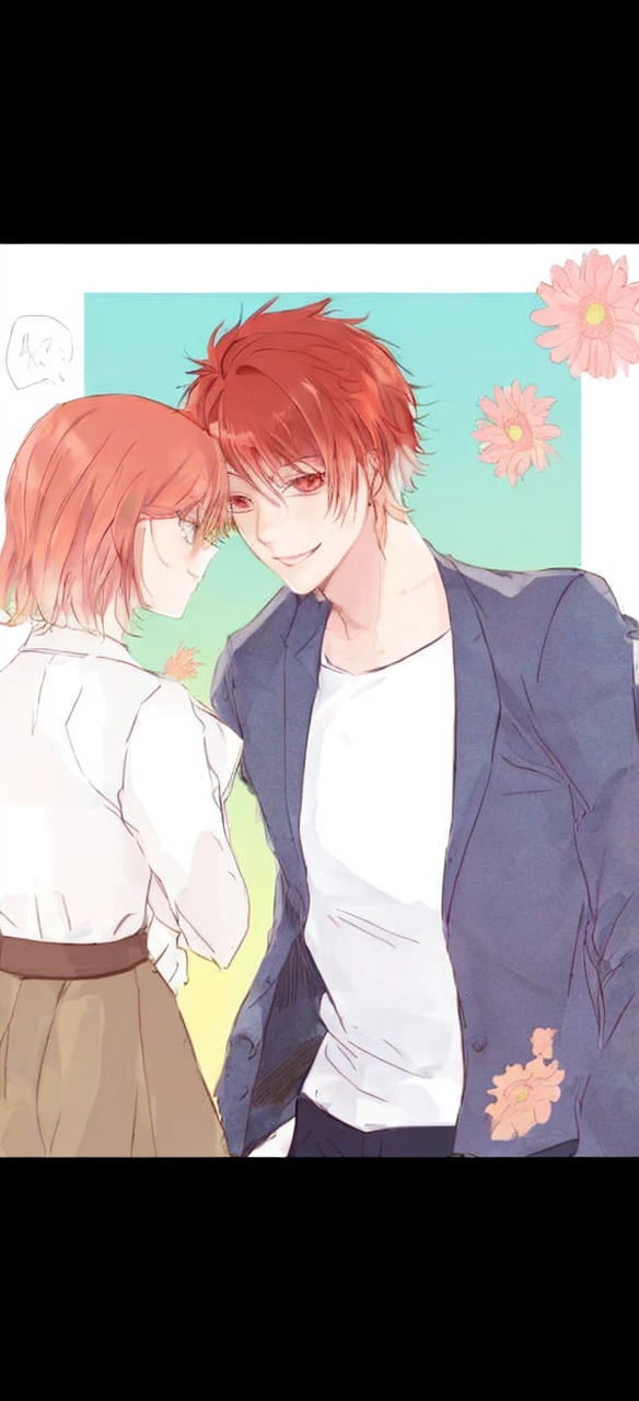 make a boy otoya ittoki from uta no prince sama with red hair and red eyes, smiling while looking straight at a girl with long brown hair and green eyes with a slight smile, both facing each other, with a field of sunflowers background