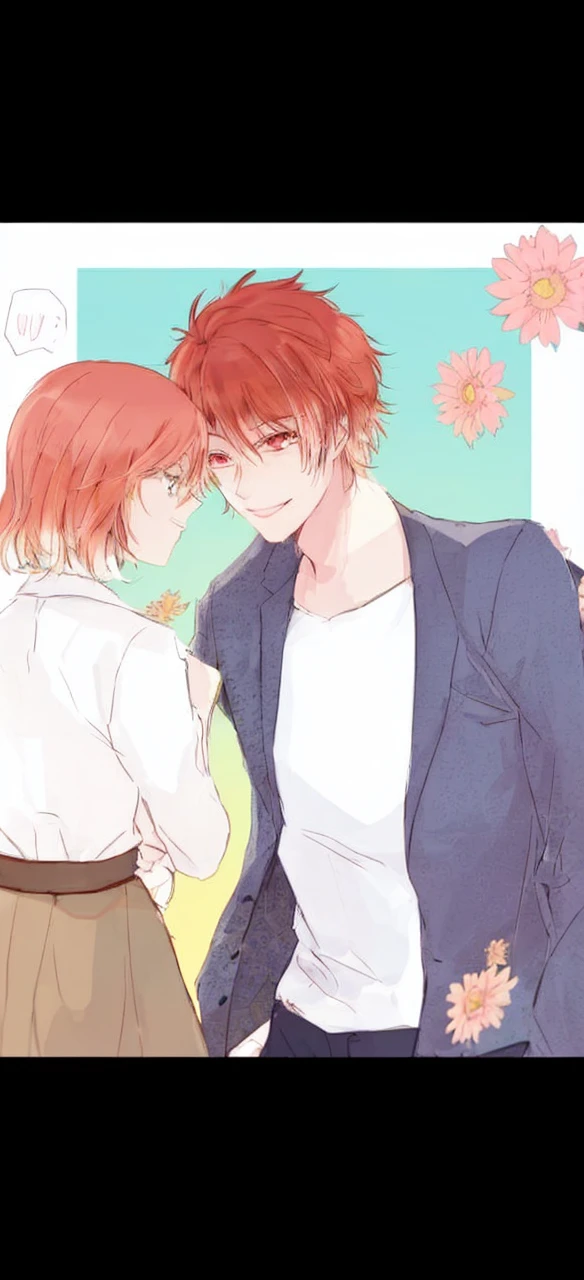 make a boy otoya ittoki from uta no prince sama with red hair and red eyes, smiling while looking straight at a girl with long brown hair and green eyes with a slight smile, both facing each other, with a field of sunflowers background