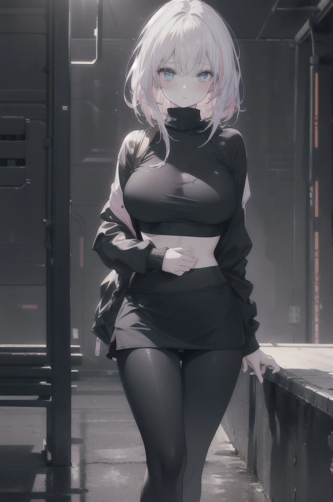girl:1.3), Solitary, __body parts__ Delicate and realistic skin, Pale skin, Large target, Official Art, Unity 16K Wallpaper, Ultra Detailed, beauty, masterpiece, best quality, Awesome atmosphere, Calming color palette, A calm mood, Soft shadows, , charm,((Larger breasts)),,((Black leggings)),sweater,blush,liquid,cute,Sportswear,Colorful,Short skirt