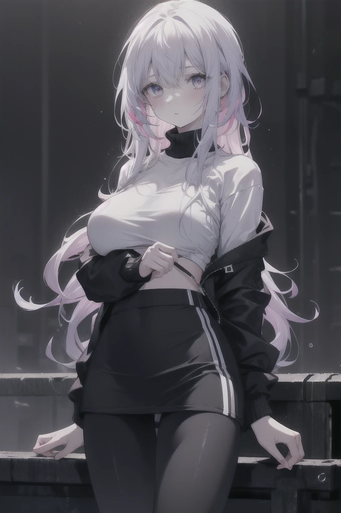 girl:1.3), Solitary, __body parts__ Delicate and realistic skin, Pale skin, Large target, Official Art, Unity 16K Wallpaper, Ultra Detailed, beauty, masterpiece, best quality, Awesome atmosphere, Calming color palette, A calm mood, Soft shadows, , charm,((Larger breasts)),,((Black leggings)),sweater,blush,liquid,cute,Sportswear,Colorful,Short skirt