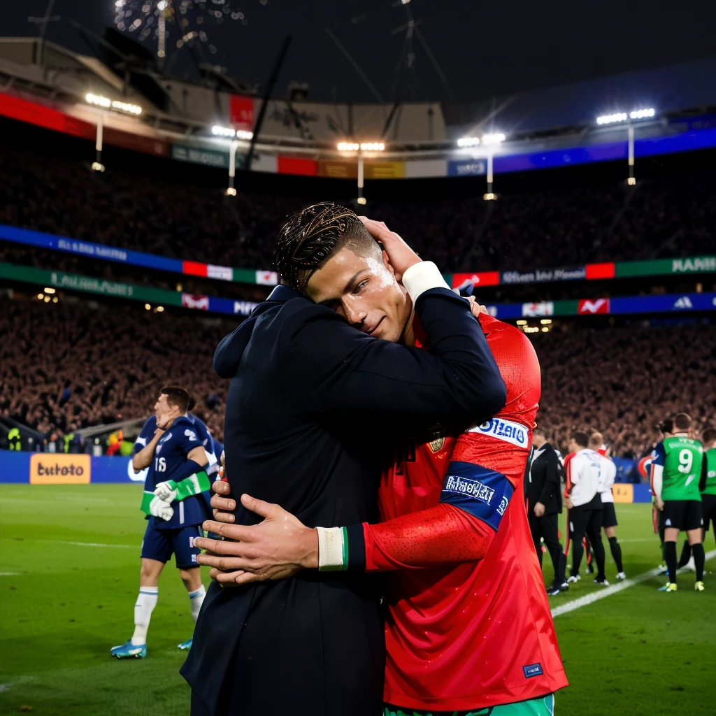 there are two men hugging each other on the field, end of an era, winning photo, award - winning shot, award-winning shot, celebration, by Dietmar Damerau, bright light masterpiece, portrait of cristiano ronaldo, title, by Fernando Gerassi, absolutely outstanding image, winning photograph, the best, hugging, cristiano ronaldo, grand finale