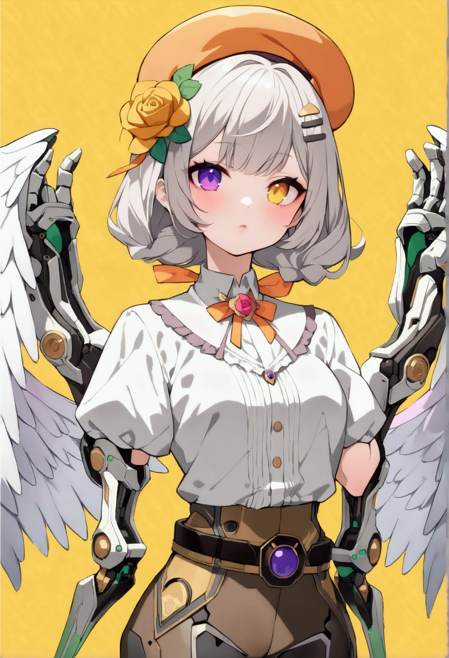 woman 160cm tall, slim build, , charming look, ((heterocromia: look like, right naranja y look like izquierdo violeta)), (Shoulder Length Wavy Gray Hair, a short braid on the left side of the hair, big open bangs, golden gear hairpin on the left side of the hair), (((complex mechanical legs up to the hip, The legs are black with gray parts with small pink details))), (((complex mechanical arms up to the elbows, The arms are black with gray parts with small pink details))), ((complex white mechanical angel wings with pastel green parts)), (elegant black French beret with an orange rose ribbon), (stylish white short sleeve button down shirt, dark brown shorts from the waist, elegant black belt, small rose brooch on shirt collar, beautiful mechanical stilettos), (((character design sheet: Front view))), ((Pastel yellow background)), ((full body)), extremely detailed beautiful hair, beautiful detailed clothing, extremely detailed arms, extremely detailed face, (Extremely detailed hands), perfect hands, hermosos look likes detallados, beautiful detailed lips, adorable, extremely detailed legs, (Best Quality, 8k, ultra resolution), ultra detailed, Exquisite and epic character art, (Focus on symmetry), (extremely detailed wings), (body position: standing, right, symmetrical), looking at the viewer.