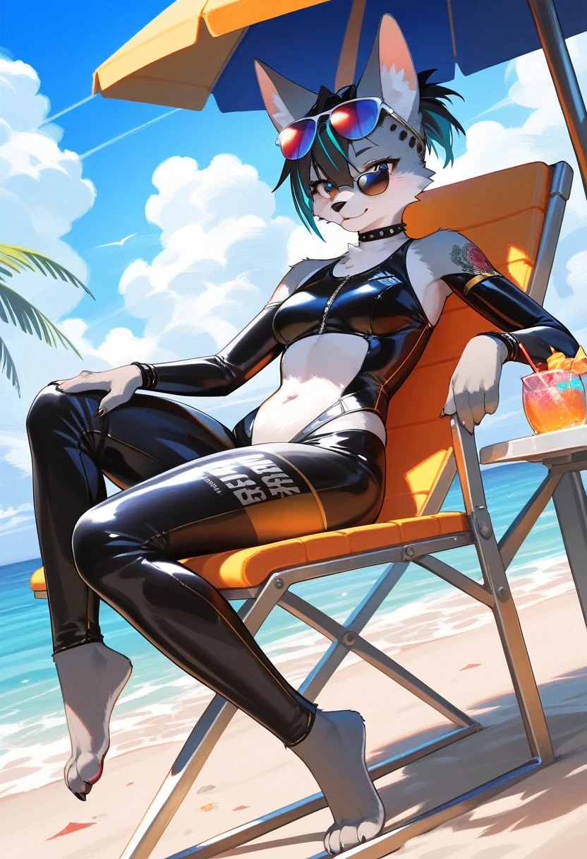 Highest quality, Highest quality, High quality illustrations, masterpiece, Ultra-high resolution, Detailed Background, beach, Absurd, Perfect Anatomy, performance, Good lighting, Shadows in the movies(kemono, Furry Personifi猫ion), latex, neon, neonカラー, cyber punk, Wetsuits, sunglasses, Tattoo, Lie on a beach chair, Dynamic Angle