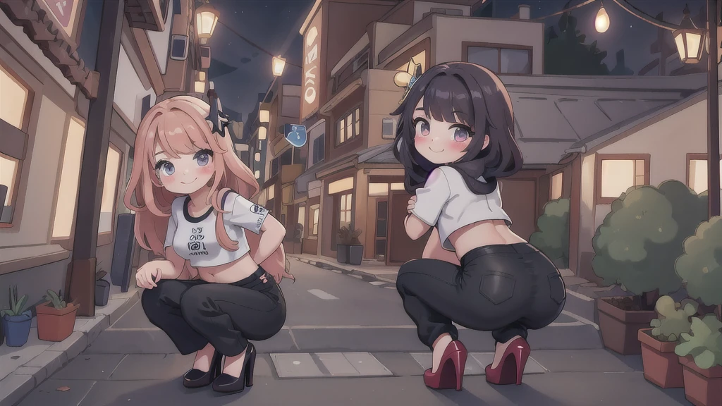 masterpiece, best quality, TopazV4, 1girl, solo, looking at viewer, smile, blush, hair ornament, ((crop top, black pants, high heels)), ass, squatting, colorful, cowboy shot, outdoors, city alley, steps, night,