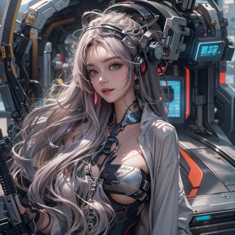((Best Quality)), ((Masterpiece)), (Detail: 1.4), 3D, A Beautiful Cyberpunk Female Figure, HDR (High Dynamic Range), Ray Tracing, NVIDIA RTX, Super-Resolution, Unreal 5, Subsurface Scattering, PBR Texture, Gray Hair, Incredibly Long Hair, Smile, Look Over, Sitting on a Motorcycle, Post-Processing, Anisotropic Filtering, Depth of Field, Maximum Clarity and Clarity, Multi-layered Texture , Albedo and Specular Mapping, Surface Coloring, Accurate Simulation of Light-Material Interactions, Perfect Proportions, Octane Render, Bicolor Light, Large Aperture, Low ISO, White Balance, Rule of Thirds, 8K RAW,