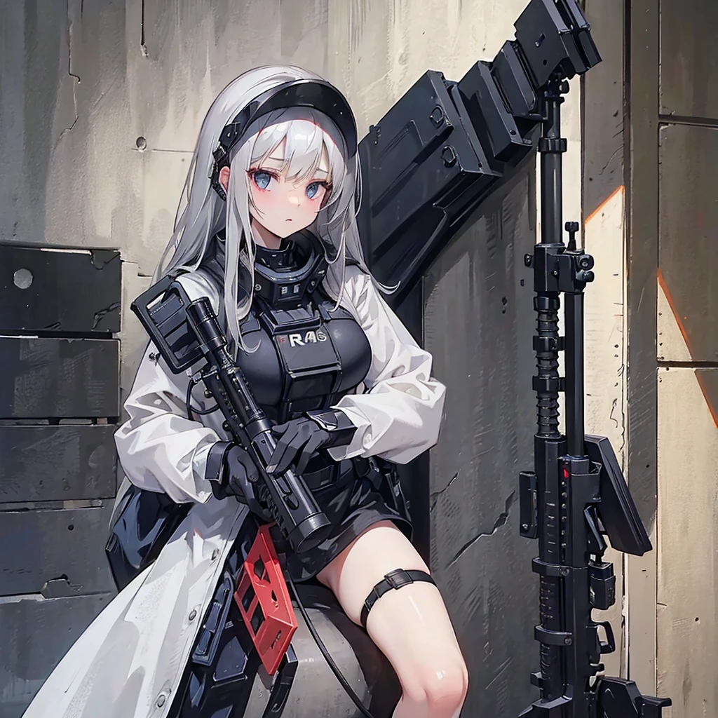 (((masterpiece))), ((4K)), beat, wearing black beat gear, heavy equipment, beat written on breastplate, wearing black beat helmet, A girl, Holding an AR-15 gun, View by scope, Rouge pupil, Silver Hair, Expression of mercy