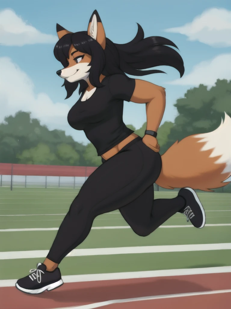 Furry, fox, female, black shirt, black leggings, shoes, running track, solo, full body