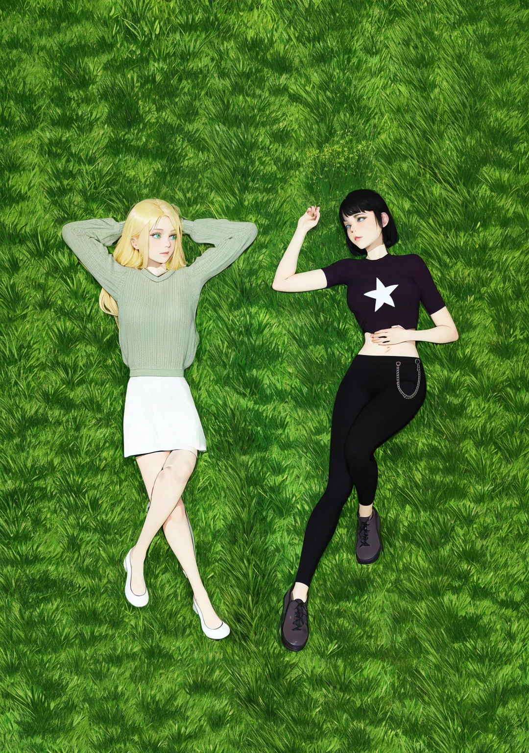 Two girls lying on the grass, looking at each other, one has blue eyes, short black hair, and the other has green eyes, long blonde hair