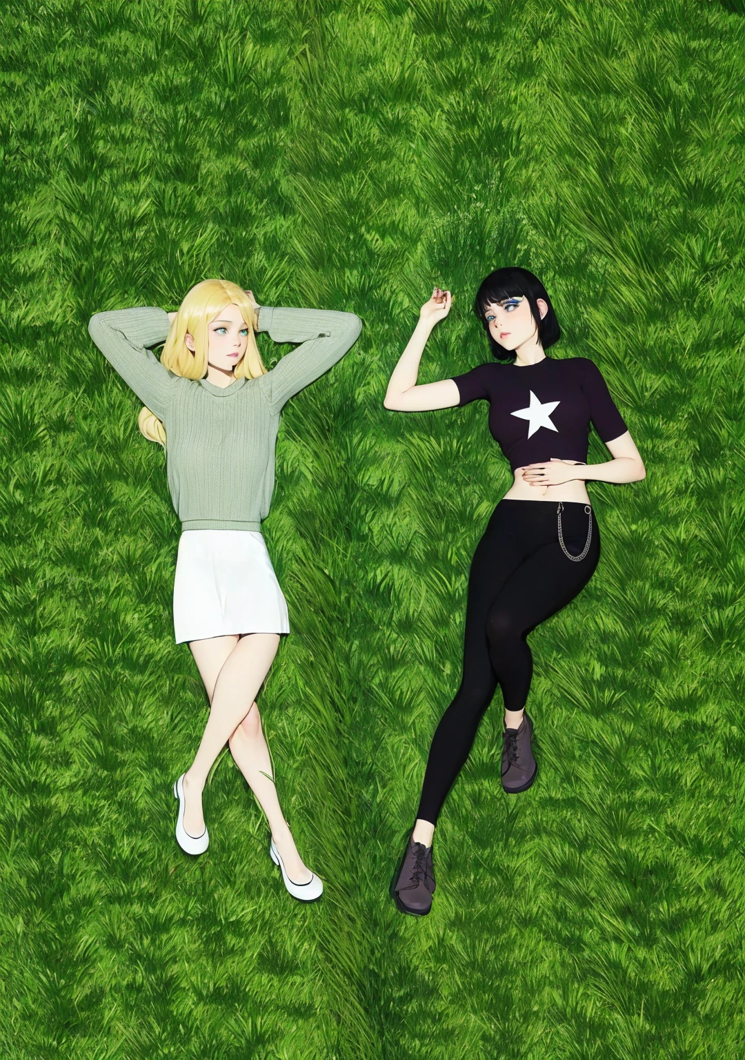 Two girls lying on the grass, looking at each other, one has blue eyes, short black hair, and the other has green eyes, long blonde hair