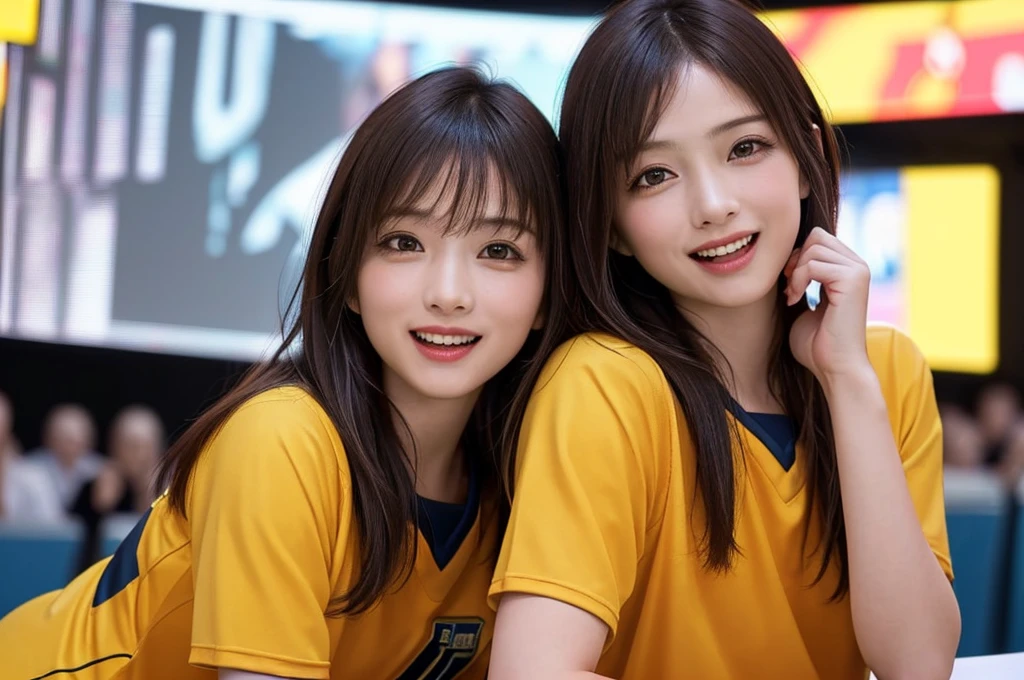 (Highest quality、8k、32K、masterpiece)、(Realistic)、(Realistic:1.2)、(High resolution)、Very detailed、Very beautiful face and eyes、(((The subject is a single woman.)))、Frame-in round and small face、Tight waist、Delicate body、(close、Highest quality、Attention to detail、Rich skin detail)、(Highest quality、8k、Oil paints:1.2)、(Realistic、Realistic:1.37)、Bright colors、(((Cowboy Shot)))、(((short hair)))、(((Laughter)))、(((Brown Hair)))、(((Soccer uniforms)))、(((黒とピンクのSoccer uniforms)))、(((Football Stadium)))、(((Enthusiastic audience)))、(((Uniform without lines)))、Short sleeve uniform、There are no lines on the sleeves