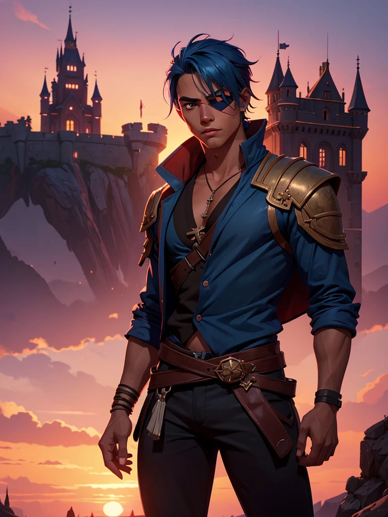 (absurdres, highres, ultra detailed), 1 male, young man, tan skin. eyepatch on right eye, blue hair, dramatic lighting, detailed, masterpiece, standing in front of the castle, sunset light, red and orande sunset tones