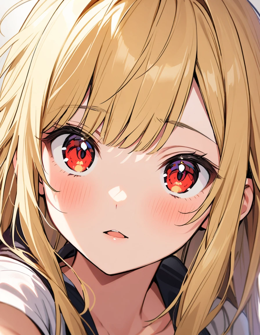 18 years old girl, blonde hair, long hair with bangs, messy hair, red eyes, cat eyes, close up selfie