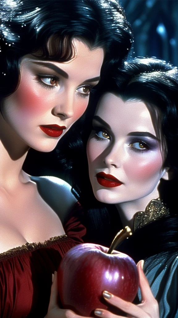 detailed portrait of an evil witch giving snow white the poisoned apple to snow white, dvd screengrab from 1982s dark fantasy film, realistic retro film style, snow white disney movie, 1980s dark fantasy film expressive faces, real skin texture, the never ending story 1984 film style scenes