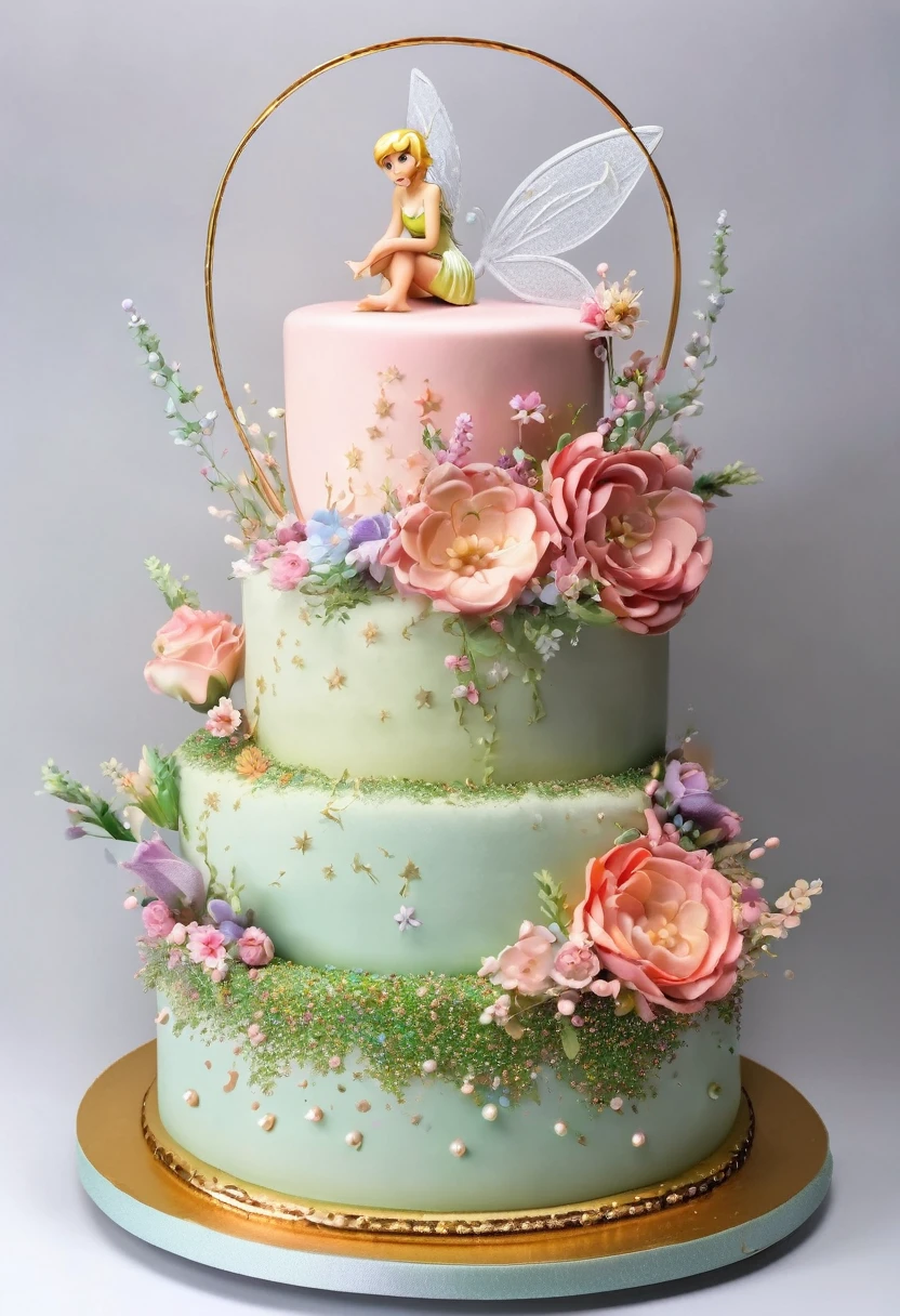 2-tier cake with feminine decoration, with Tinkerbell sitting on top of the cake and with fairy dust as ambient decoration and with many beautiful flowers.