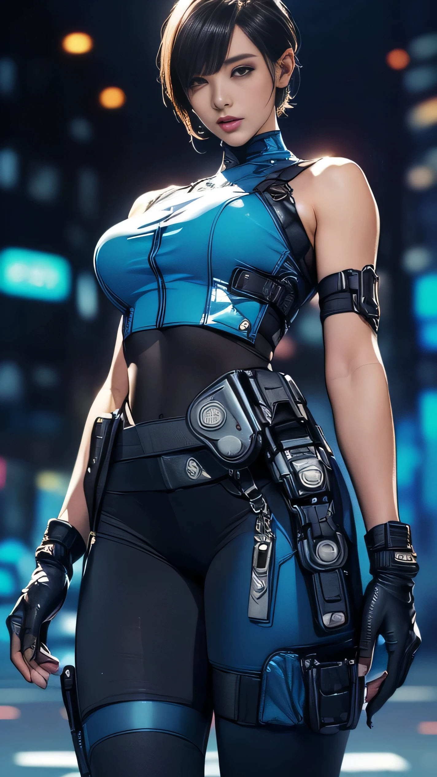 (A woman),(((A female member of the Future Force stands))),((Shiny dark blue tactical tights:1.5)),((earphone:1.5)),((Tactical Holster:1.5)),(Gloves:1.5),(Serious:1.5),(Super short hair:1.5),(beautiful eyes:1.3),(Very detailedな顔:1.5),((Very detailed drawing of a female hand:1.5)),(((muscular:1.5))),((Sexy appearance:1.5)),((Thick thighs:1.5)),(Beautiful Body:1.5),((Very sensual:1.5)),(The backdrop is a futuristic city:1.5),(Cyberpunk atmosphere:1.5),(((Blurred Background:1.5))),(Written border depth:1.5),rest(((masterpiece:1.5),(best quality:1.5),(Very detailed:1.5),(high resolution:1.5),(Practical:1.5),(Practical:1.5),(Delicate depiction),(Carefully drawn))),8k,wallpaper,((from below:1.2))