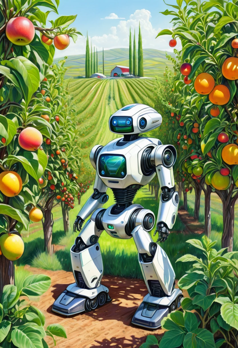 A colored pencil sketch of a futuristc farm horganic plant based robot working in a fruit orchard. It is bright sunny romanitic and idealist sketch of furture were the land and tecknology ar in harmony in a archeofuturistic vision. covered in earth and birt with vegetation growing and intwining around the robot
