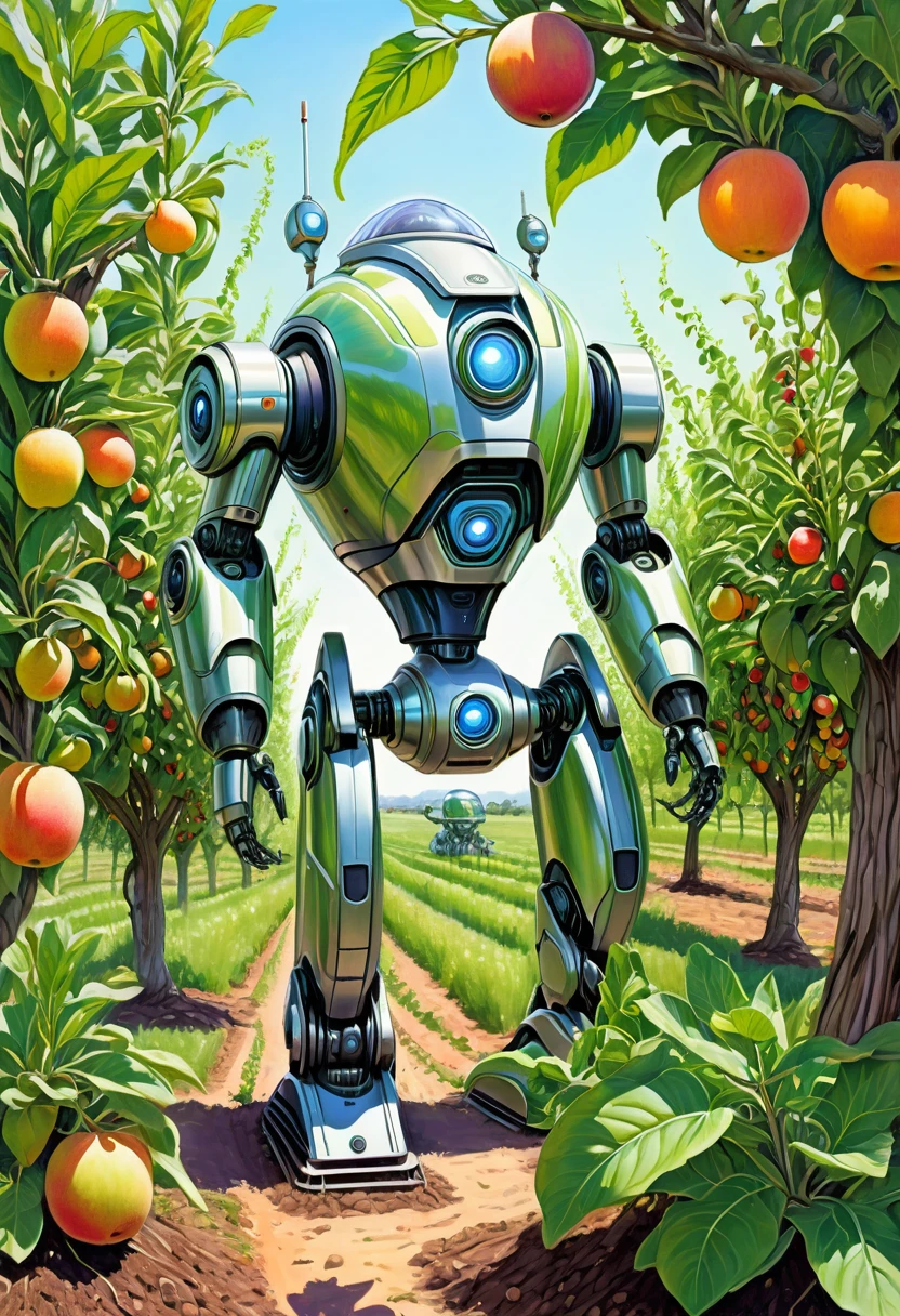 A colored pencil sketch of a futuristc farm horganic plant based robot working in a fruit orchard. It is bright sunny romanitic and idealist sketch of furture were the land and tecknology ar in harmony in a archeofuturistic vision. covered in earth and birt with vegetation growing and intwining around the robot