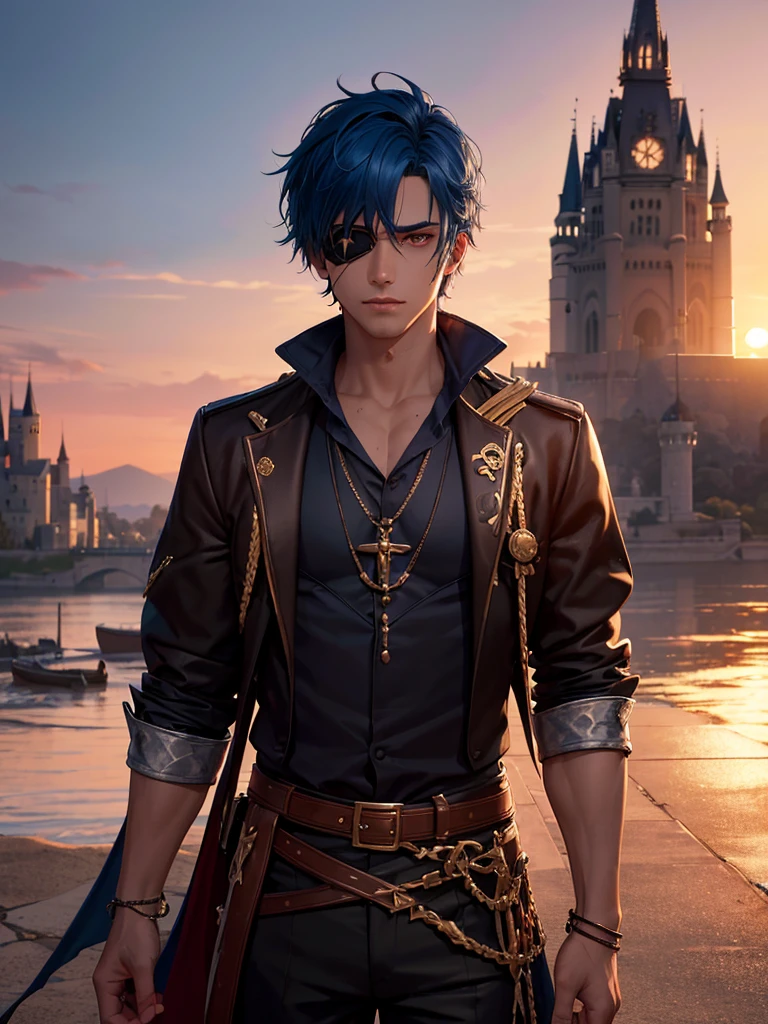 (absurdres, highres, ultra detailed), 1 male, young man, tan skin. eyepatch on right eye, blue hair, dramatic lighting, detailed, masterpiece, standing in front of the castle, sunset light, red and orande sunset tones