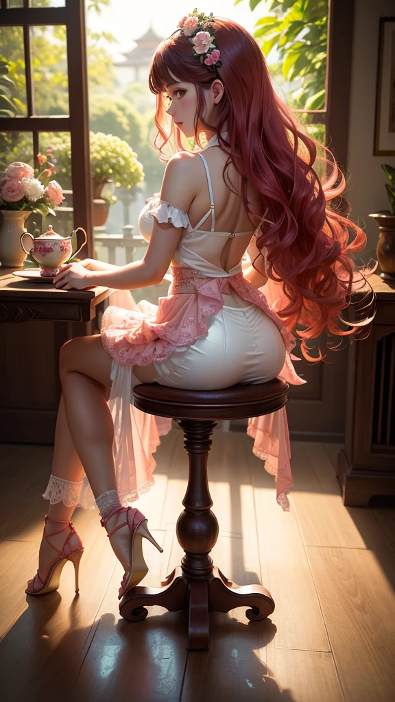 best quality,masterpiece,Ultra-high resolution,(photoactual:1.4),Rieger Begonia flower back view,beauty,enthusiastic,,20-year-old Lige Begonia flower girl（oriental goddess）,Pink wavy hair above waist,),Rieger Begonia lace skirt,sitting,Drinking afternoon tea,