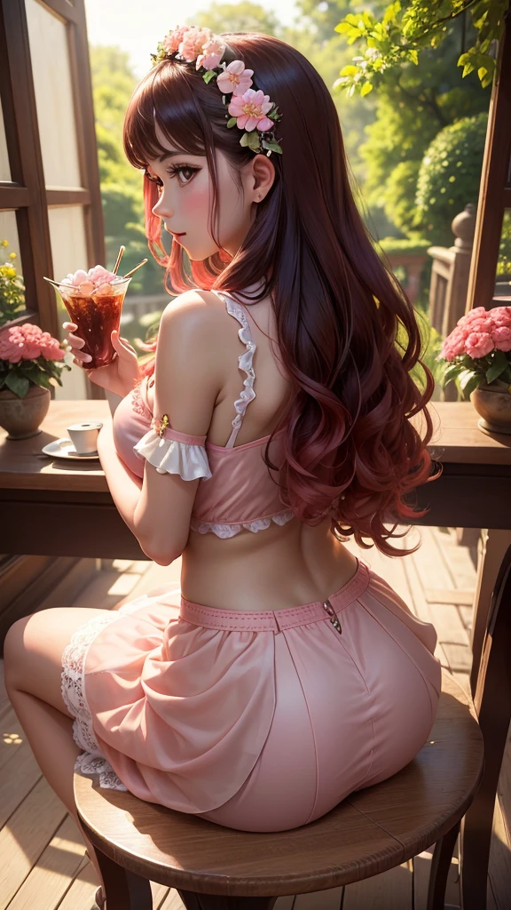 best quality,masterpiece,Ultra-high resolution,(photoactual:1.4),Rieger Begonia flower back view,beauty,enthusiastic,,20-year-old Lige Begonia flower girl(oriental goddess),Pink wavy hair above waist,),Rieger Begonia lace skirt,sitting,Drinking afternoon tea,
