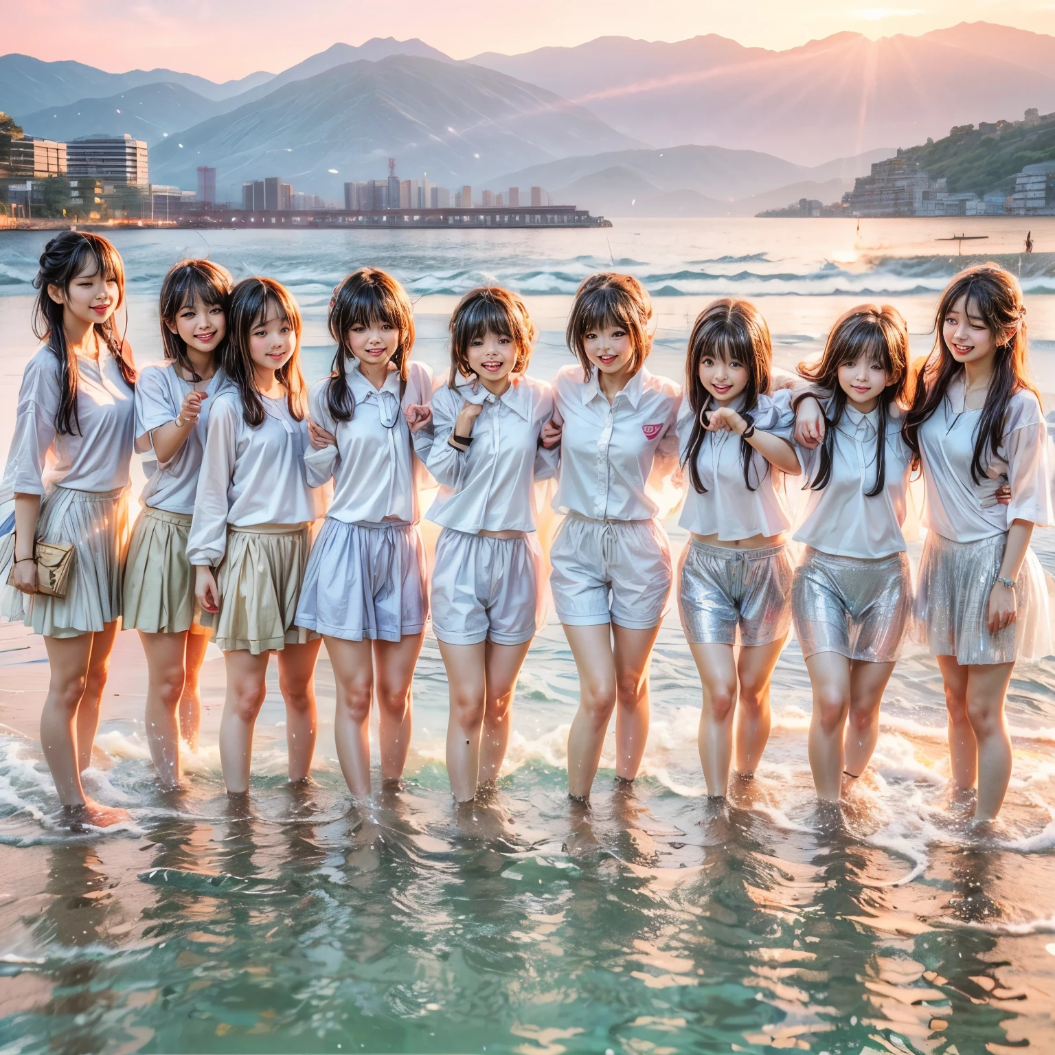 Masterpiece of (ProfessionalPhoto:1.37) ((ExtremelyDetailed (5 PICHIPICHI KAWAII Girls Floating in The Air in a row:1.37) in WHITE at Dusk Enoshima Beach)), {(Standing Full Body:1.2)|(from below:1.2)|Detailed KAWAII face}, Different types of hair colors, {(skinny(school swimwear))|(SchoolUniform)with Tiny AthleticShorts}, {(Corrected Childish hand)|Hidden hand|Different types of breasts|(Clearly Visible the shape of Butt)}, Joyful Expressions LifeLike Rendering, Detailed clothing texture, PerfectLighting, (Dazzling Horizon Visible through ThighGap), (Starry IridescentParticles:1.22) ColorfulClouds . Whole Body proportions and all limbs are anatomically accurate