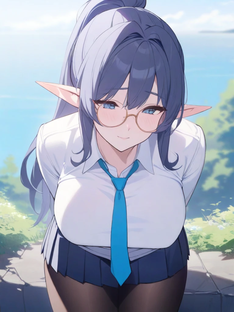 masterpiece, best quality, high quality, beautiful anime character, solo, anime girl with dark blue hair, messy hair, medium length hair, (huge long ponytail, ponytail), blue eyes, elf ears, slightly big breasts, (mature female, tall female), big girl, thick, (calming face, blush, light smile, loving eyes), outdoors, (white shirt, necktie, pleated skirt, pantyhose), slim thick, short medium hair, round glasses,