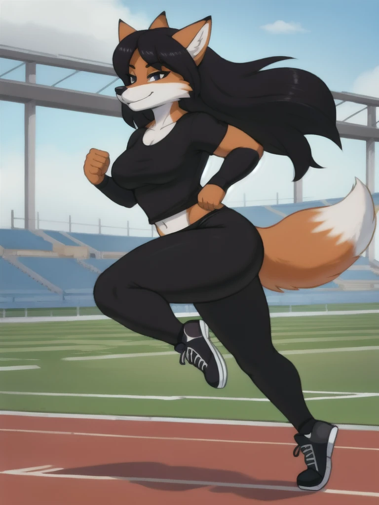 Furry, fox, female, black shirt, black leggings, shoes, running track, solo, full body