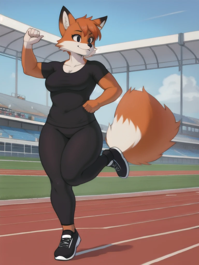 Furry, fox, female, black shirt, black leggings, shoes, running track, solo, full body