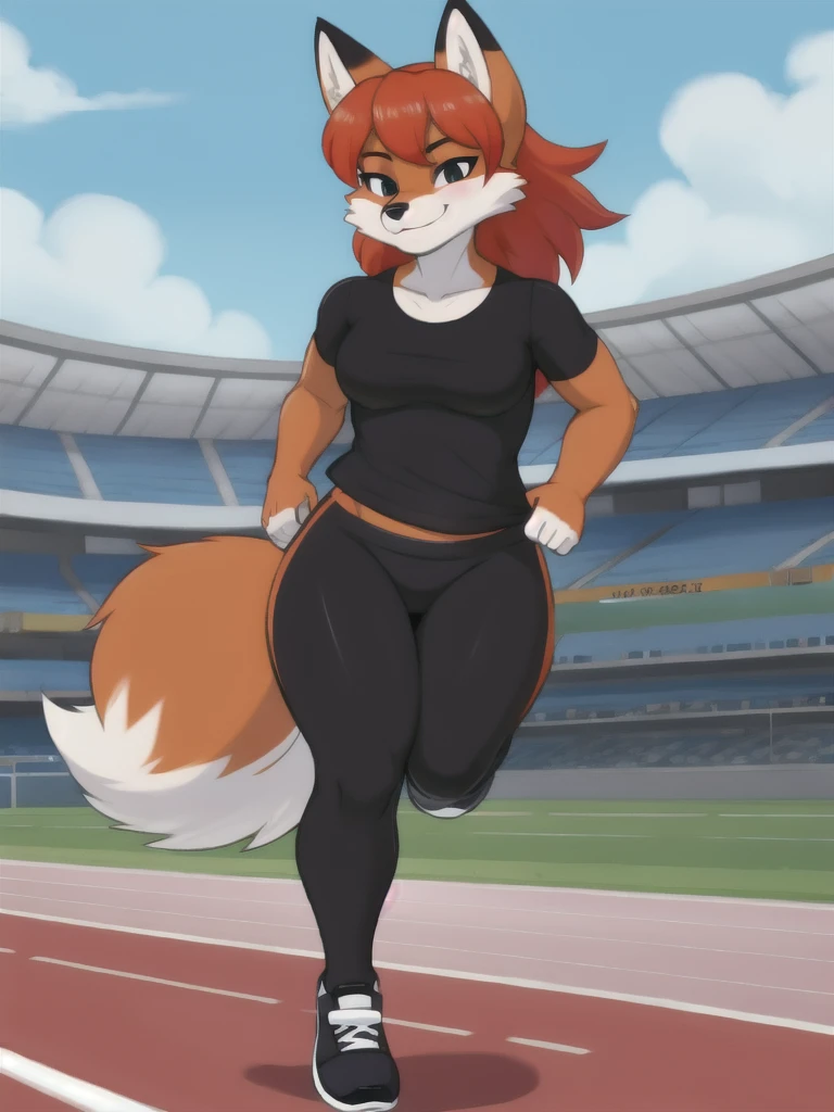 Furry, fox, female, black shirt, black leggings, shoes, running track, solo, full body