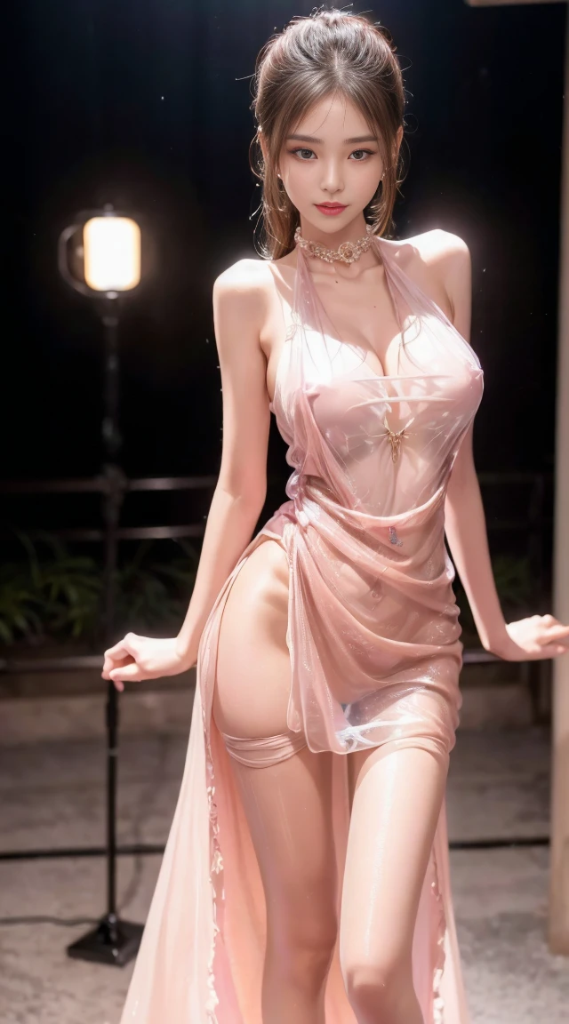8k, masterpiece, RAW Photos, Highest quality, Realistic, Highly detailed CG integrated 8K wallpaper, Depth of written boundary, Cinematic Light, Lens flare, Ray Tracing, (Very beautiful face, Beautiful Lips, Beautiful Eyes), Exquisitely detailed face, ((Highly detailed skin)) One girl, In the Dark, Deep Shadow, Cute Korean Girl, K-Pop Idols, 1 girl, (Very slim and slender muscular body:1.3), ((Displaying the viewer)),(Big smile:1.3), (Fashion Night, Dark Night, (Neon Signs), (Blurred Background), Fashion Street Night),(There is no one in the background:1.3), Beautiful earrings, Bangles, necklace, pantyhose, Clear Eyes, walk, (Pale skin), (Big eyes), (Brown Hair), (Full Body Shot), ((silk hot pink dress:1.3)), ((Wear tight)), (Displaying the viewer:1.3) Open chest, Very slim, Medium chest, Turn back, (Buckshot), Ass Focus, In front of eyebrows,(Tight dress), Thick thighs