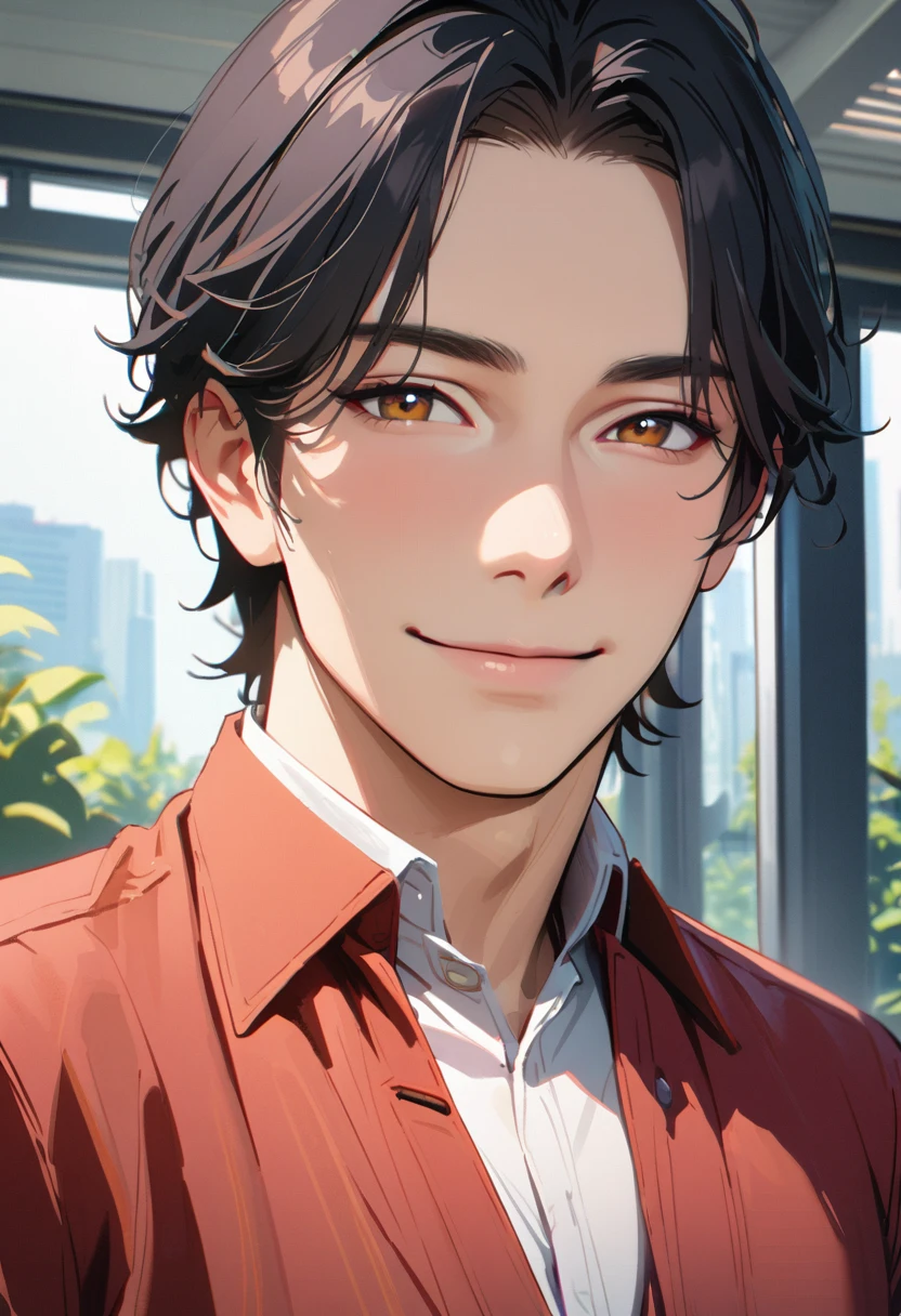 ((45 years old ,modern)), Verism, masterpiece, ((super detail:1.3)), best quality, 4K , A handsome man, black hair, short hair, light smile, happy