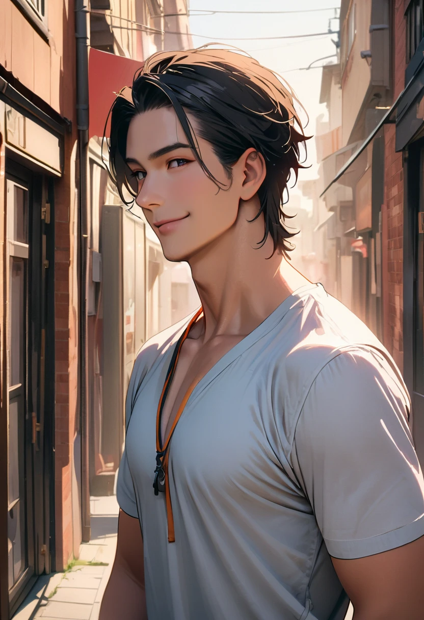 ((45 years old ,modern)), Verism, masterpiece, ((super detail:1.3)), best quality, 4K , A handsome man, black hair, short hair, light smile, happy