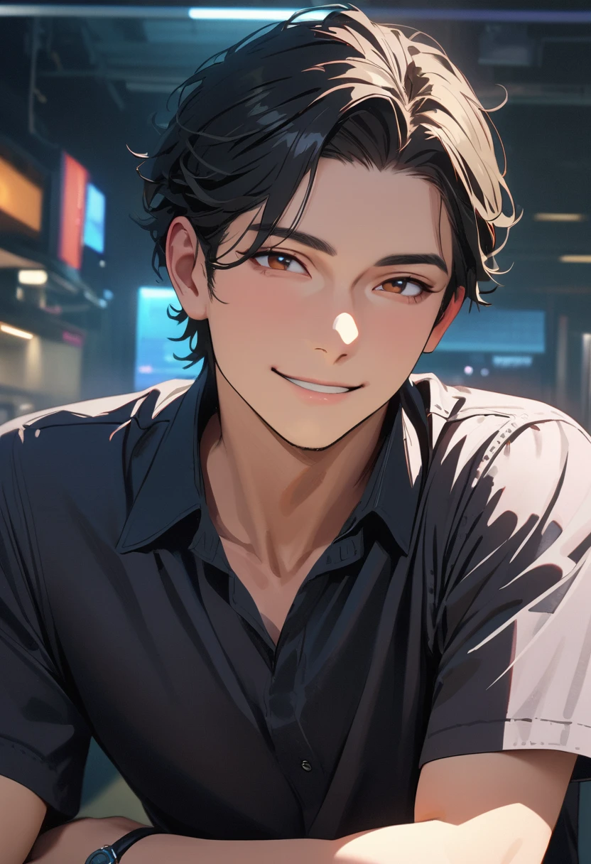 ((45 years old ,modern)), Verism, masterpiece,  ((super detail:1.3)), best quality, 4K ,  A handsome man, black hair, short hair, light smile, happy

