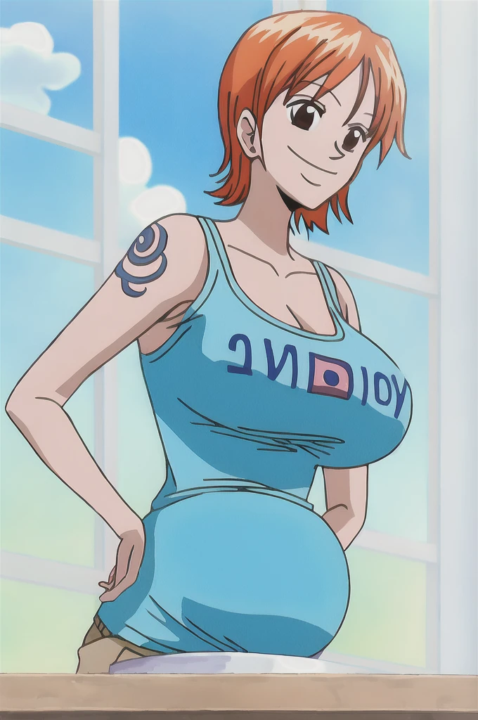 Anime Girl en bikini avec haut de bikini bleu et blanc et culotte bleue, Nami One Piece, Nami in one piece, nous, in one piece, Beau portrait de Nami, :3, one piece, Bikini bleu, porte un maillot de bain, corps entier:: sunny weather::, par Kentaro Miura, pixiv 3dcg, realistic bikini