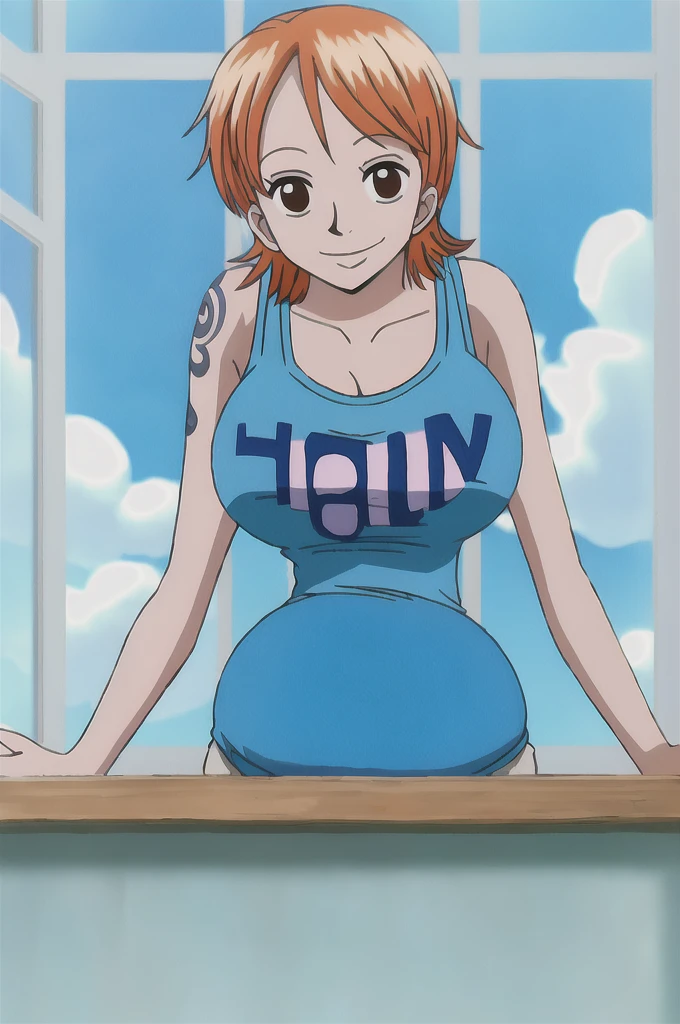 nami, 1girl, solo, breasts, smile, short_hair, large_breasts, shirt, bare_shoulders, brown_eyes, closed_mouth, collarbone, upper_body, sky, sleeveless, day, cloud, indoors, orange_hair, blue_sky, window, sleeveless_shirt, tattoo, parody, tank_top, clothes_writing, shoulder_tattoo, open_window, pregnant, pregnant belly, 6 Months