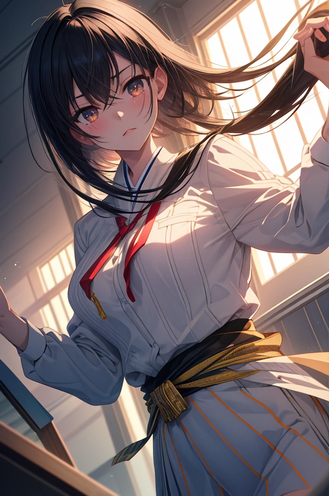 ((masterpiece)), (best quality), (ultra-detailed), 1girl, solo, Japanese high school girl, 17 years old, slender build, 160cm tall, long straight black hair to the waist, black almond-shaped eyes with a slight upward tilt, serious expression, detail lip, standing in the classroom, sunlight streaming through windows, holding textbooks and clipboard, confident posture, determined gaze, a hint of vulnerability in eyes, meticulous appearance, neatly styled hair, crisp and clean uniform, intricate details on a uniform, realistic fabric textures, soft lighting, depth of field, high contrast, cinematic composition, Rule of thirds composition, Noise-free clean image, High detail, 8K resolution, official art, Splash anime art, Smooth anime CG art, pixiv, Sequential art,